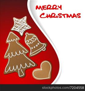 Christmas card - gingerbreads with white icing on red background and place for your text (vector)
