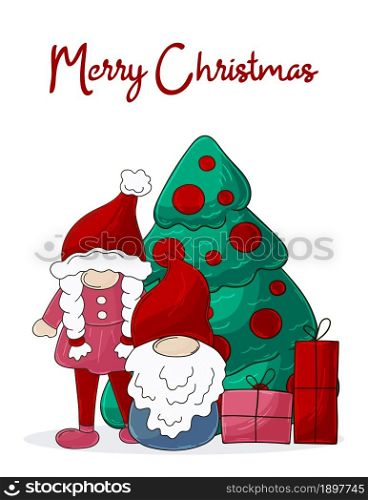 Christmas card in handdrawn style. Two gnomes in Santa Claus hats, Christmas tree, gifts. Christmas illustration with gnomes. Cute holiday illustration