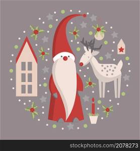 Christmas card. Santa Claus and deer on grey background. Vector illustration.. Santa Claus and deer in a circle.