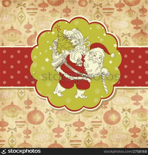 Christmas Card. Santa Claus with Bag of gifts. Vector