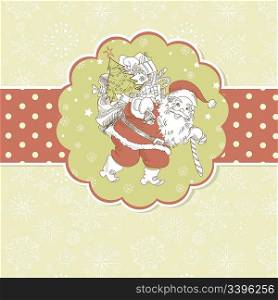 Christmas Card. Santa Claus with Bag of gifts. Vector