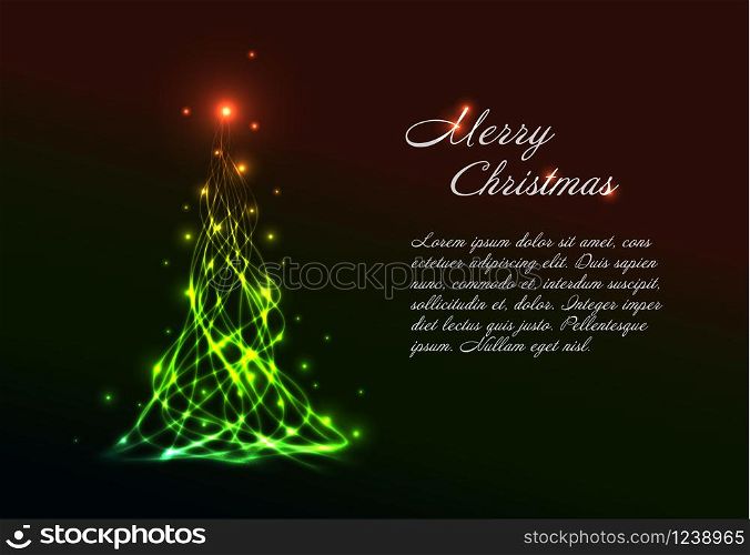 Christmas card template with green christmas tree made from plasma light effects