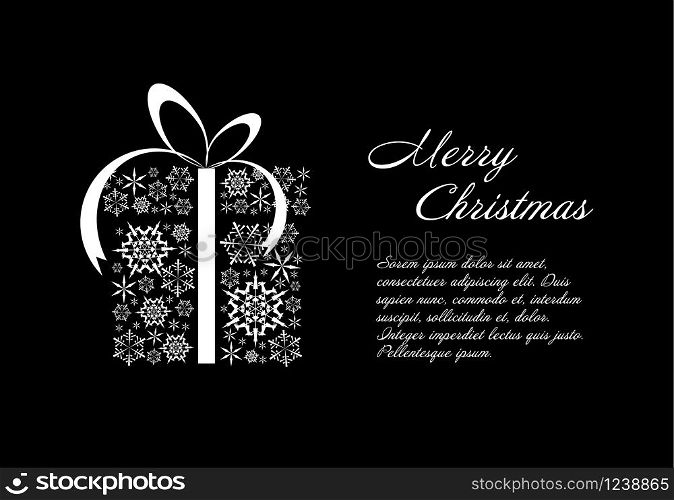 Christmas card template with white christmas gift box made from snowflakes