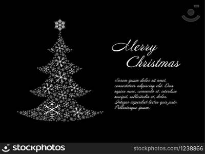 Christmas card template with white christmas tree made from snowflakes