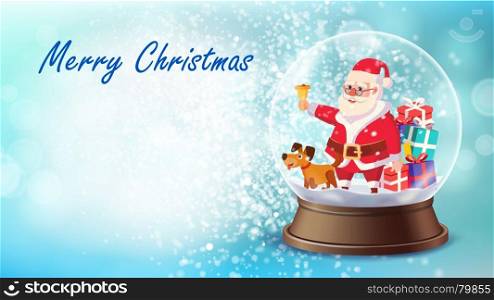 Christmas Card Vector. Snow Globe, Santa Claus, Gifts. Winter Xmas Brochure, Poster Design Background. New Year Design Template Illustration. Christmas Greeting Card Vector. Snow Globe, Santa Claus, Gifts. Winter Xmas Design Element. New Year Design Template Illustration