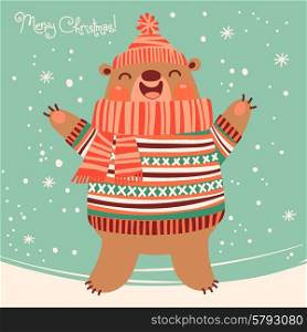 Christmas card with a cute brown bear. Vector illustration.