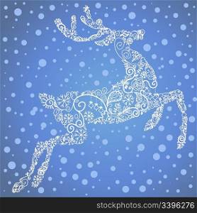 Christmas Card with a cute deer and snowflakes. Vector Illustration
