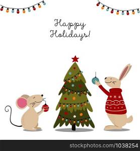 Christmas card with animals, hand drawn style. Mouse and rabbit decorate the Christmas tree. Vector illustration.. Christmas card with animals