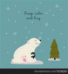 Christmas card with animals, hand drawn style. Polar bear and penguin hugsl. Vector illustration.. Christmas card with animals
