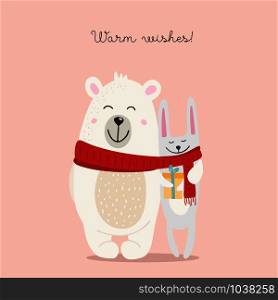 Christmas card with animals, hand drawn style. Polar bear and rabbit hugsl. Vector illustration.. Christmas card with animals