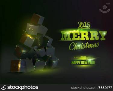 Christmas card with box pyramid like fir-tree over black background.