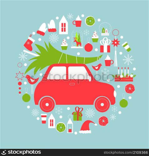 Christmas card with car and Christmas tree.Vector illustration.. Christmas card with car and Christmas tree.