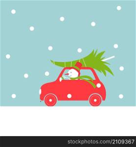 Christmas card with car and snowman. Vector illustration.. Christmas vector background