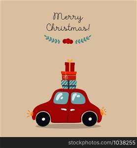 Christmas card with car, hand drawn style. Car with gifts. Vector illustration.. Christmas card with car