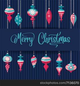 Christmas card with Christamas balls and wishes. Christmas background. Flat design. Vector
