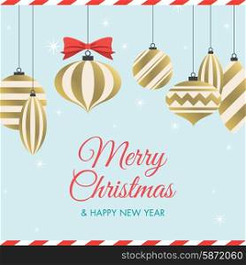 Christmas card with christmas balls, red ribbon, stars, and logo title. Editable vector design.