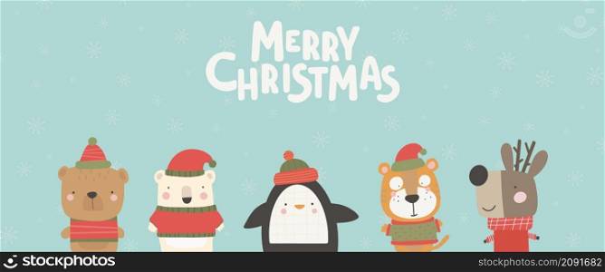 Christmas card with Cute animals. Hand drawn characters. Greeting card Vector illustration. Christmas card with Cute animals. Hand drawn characters Greeting card Vector illustration.