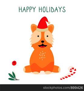 Christmas card with cute corgi dog. Holiday seasons greetings. Christmas card with acorgi dog. Holiday greetings
