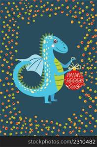 Christmas card with cute dragon. Year of the Dragon 2024, China. Christmas card with cute green dragon. Year of the Dragon 2024, China