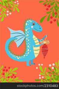 Christmas card with cute dragon. Year of the Dragon 2024, China. Christmas card with cute green dragon. Year of the Dragon 2024, China