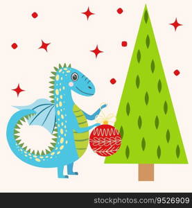 Christmas card with cute dragon. Year of the Dragon 2024, China. Christmas card with cute green dragon. Year of the Dragon 2024, China