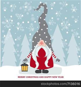 Christmas card with cute gnome. Flat design. Vector