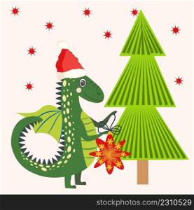Christmas card with cute green dragon. Year of the Dragon 2024, China.. Christmas card with cute green dragon. Year of the Dragon 2024, China