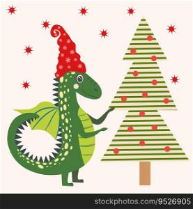 Christmas card with cute green dragon. Year of the Dragon 2024, China.. Christmas card with cute green dragon. Year of the Dragon 2024, China