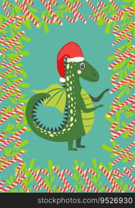 Christmas card with cute green dragon. Year of the Dragon 2024, China.. Christmas card with cute green dragon. Year of the Dragon 2024, China