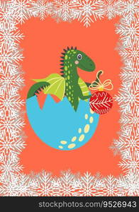 Christmas card with cute green dragon. Year of the Dragon 2024, China.. Christmas card with cute green dragon. Year of the Dragon 2024, China