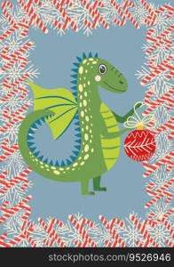 Christmas card with cute green dragon. Year of the Dragon 2024, China.. Christmas card with cute green dragon. Year of the Dragon 2024, China