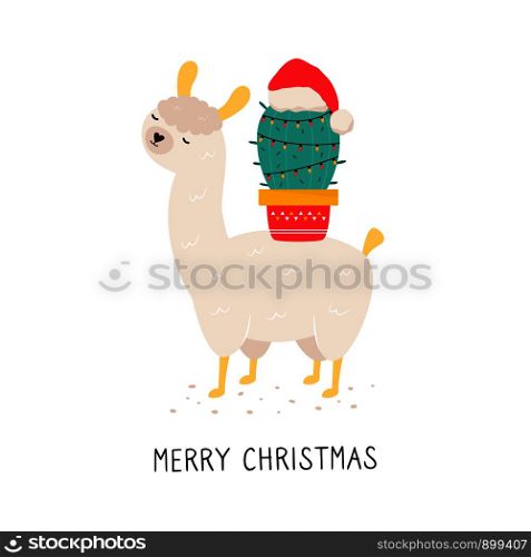 Christmas card with cute llama and cactus. Greeting banner. Christmas card with cute llama and cactus