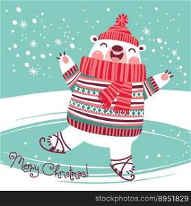 Christmas card with cute polar bear on an ice rink vector image