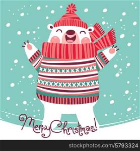 Christmas card with cute polar bear. Vector illustration.