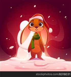 Christmas card with cute rabbit in scarf and red Santa Claus hat making snowman. Vector cartoon illustration of snow scene with funny baby bunny. New Year poster with adorable animal. Christmas card with cute rabbit on snow