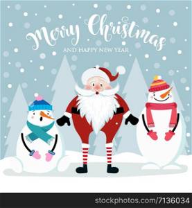 Christmas card with cute Santa and snowmen. Flat design. Vector