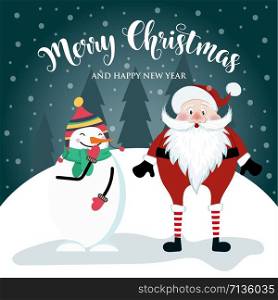 Christmas card with cute Santal, snowman and wishes. Flat design. Vector