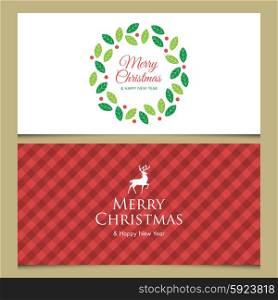 Christmas card with deer, logo title, gingham pattern background and christmas wreath. Editable vector design.