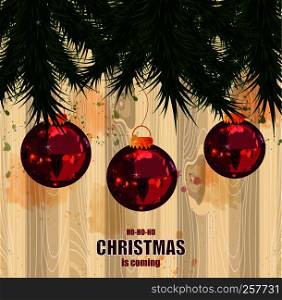 Christmas card with fir tree and baubles Vector. Wooden texture on background. Christmas card with fir tree and baubles Vector. Wooden texture on backgrounds