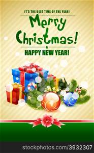 Christmas Card with Fir Twigs and Christmas Decorations. Christmas Card with Fir Twigs and Decorations