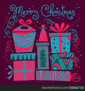 Christmas card with gift boxes. Vector illustration.