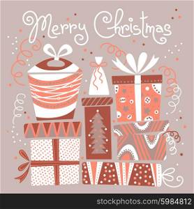 Christmas card with gift boxes. Vector illustration.