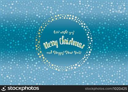 Christmas card with glittering golden stars and translucent snowflakes on blue background with text ?We wish you a Merry Christmas and Happy New Year?