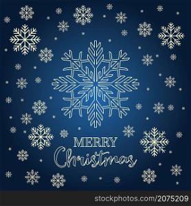 Christmas card with golden snowflakes on dark blue background. New Year invitation. Vector illustration