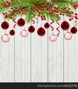 Christmas card with green fir branch and red decorations on a wooden background. Vector illustration.