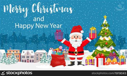 Christmas card with greeting, city buildings, snowflakes, cute Santa Claus .Merry christmas holiday. New year and xmas celebration. Vector illustration in flat style. Christmas card with greeting,
