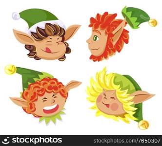 Christmas card with happy elves heads wearing hat in green color. Smiling fairy character with beard and wavy hair isolated on white. Xmas collection of funny winter hero in festive cap vector. Christmas Postcard with Elf Head in Hat Vector