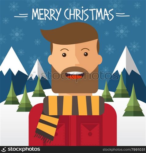 Christmas card with hipster male in flat style. Vector illustration.