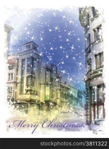 Christmas card with illustration of city street. Watercolor style.