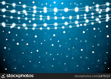 Christmas Card with Neon Light Bulbs, Snowflakes and Copy Space. Vector Illustration.